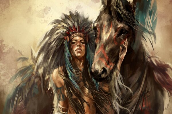 A girl in feathers, leading a horse