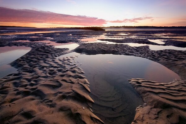 The dawn is reflected in puddles on the sandy shore