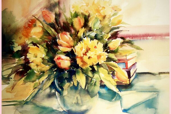 Aquarelle bouquet de fleurs se trouve dans un vase sur une table