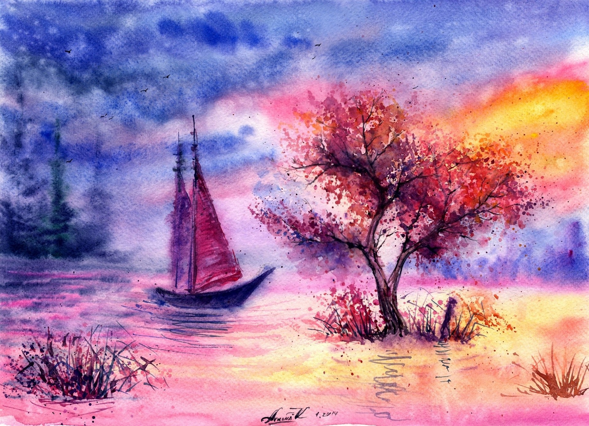 paysage dessiné rivière arbre herbe nuit nuages aquarelle voilier oiseaux