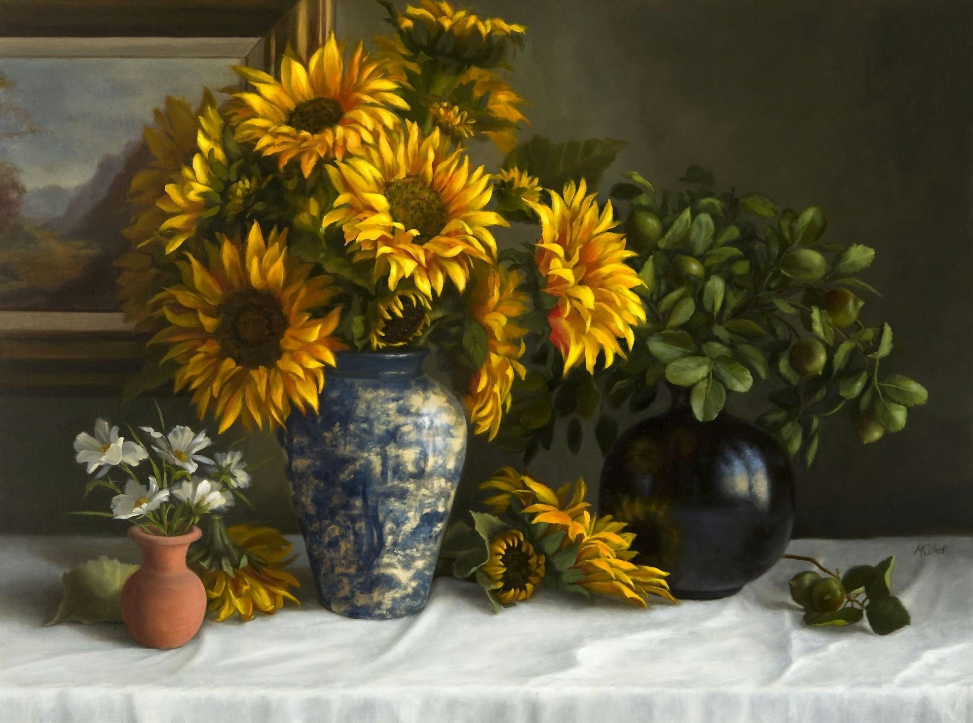 pintura cama flores mantel girasoles mesa jarrones