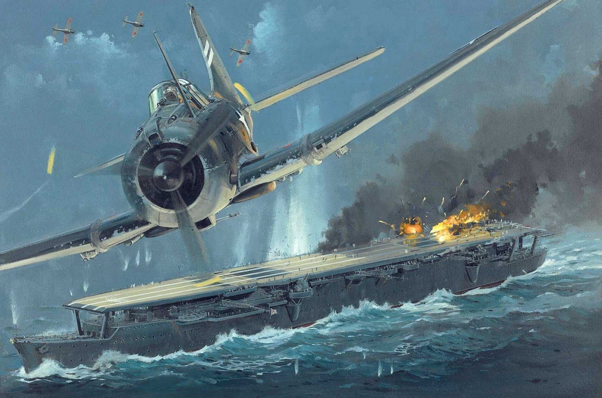 kunst flugzeuge japanische marine leyte bay explosionen usa flugzeugträger zeichnung feuer himmel 25. oktober 1944 ww2 japanisch schlacht