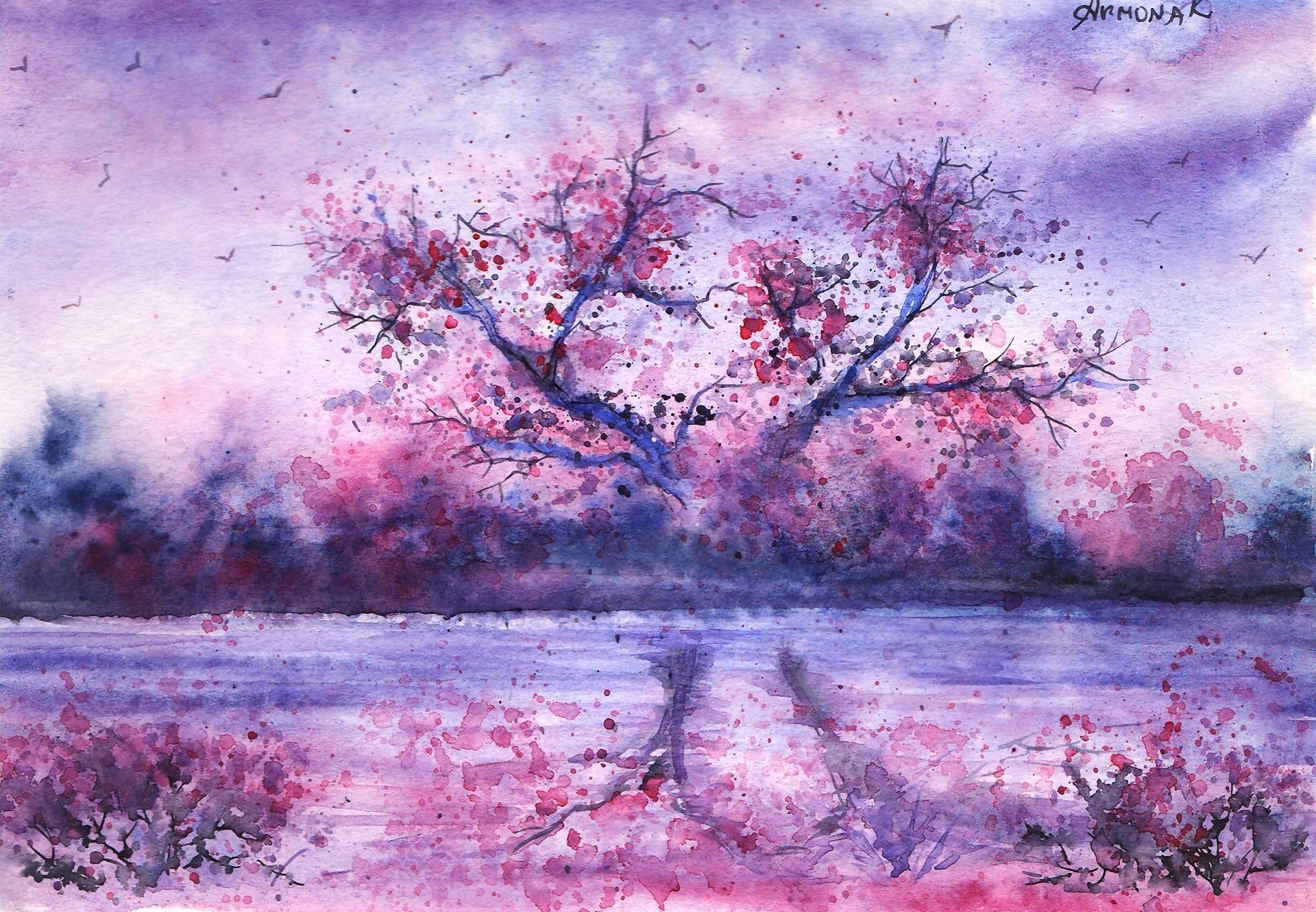 gezeichnete landschaft fluss baum nacht reflexion. vögel aquarell