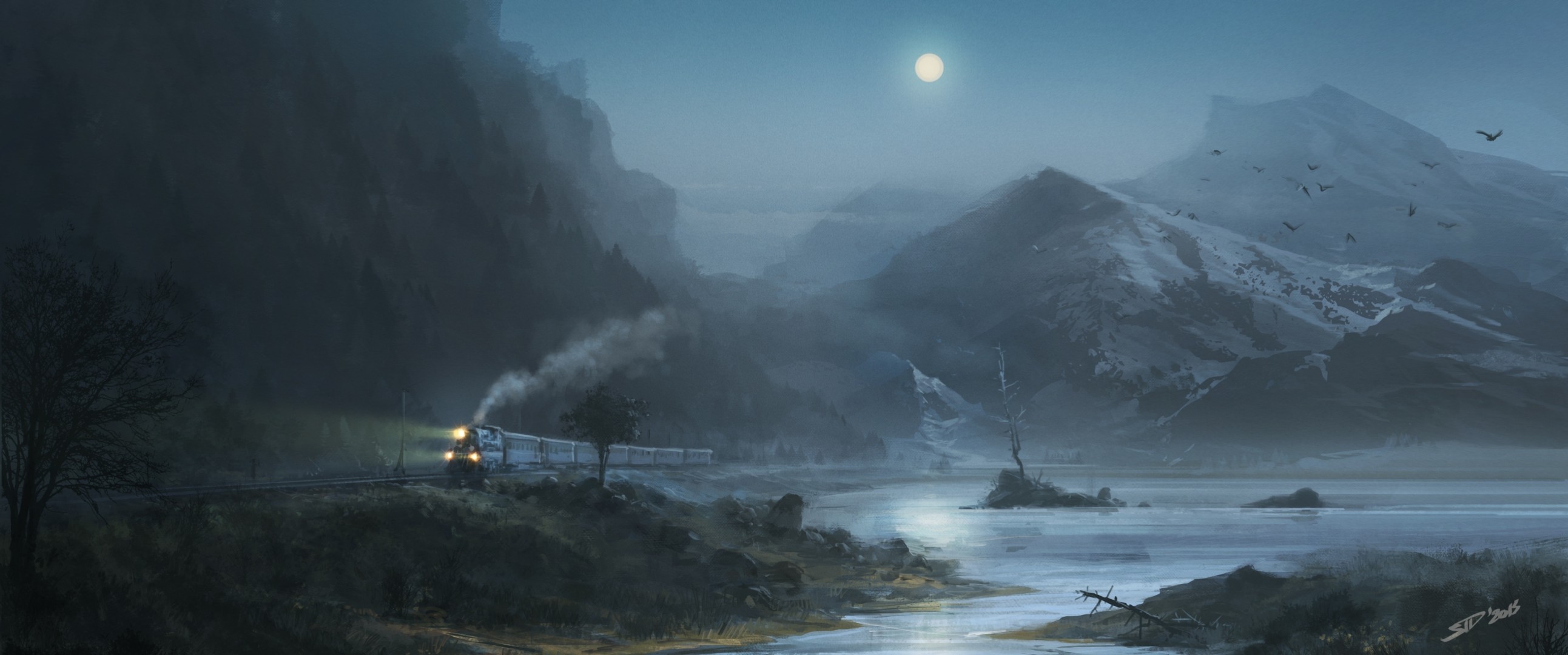 night lake moon mountain train bird