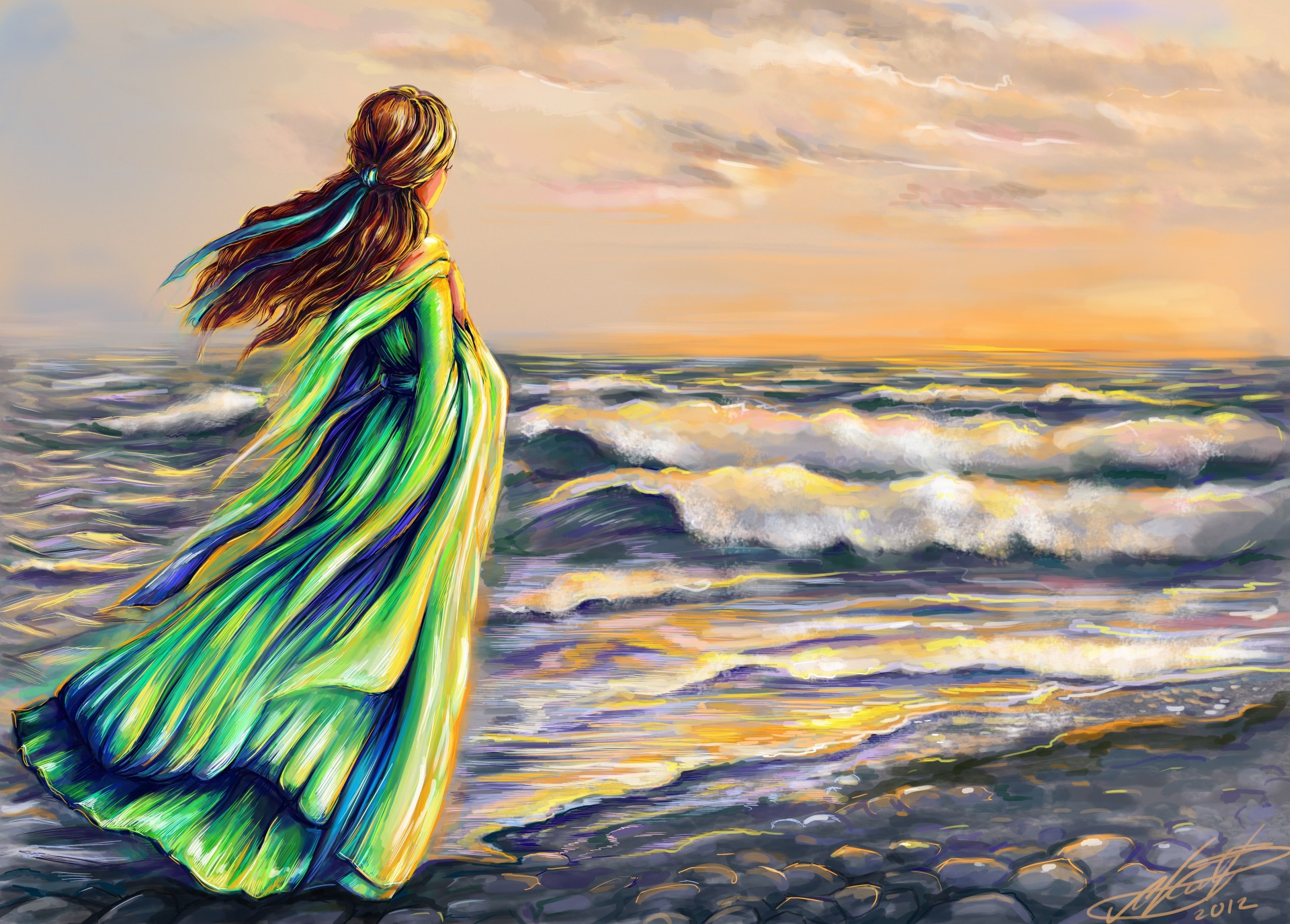 art girl hair clouds wave vector sky sea ago green dress belt