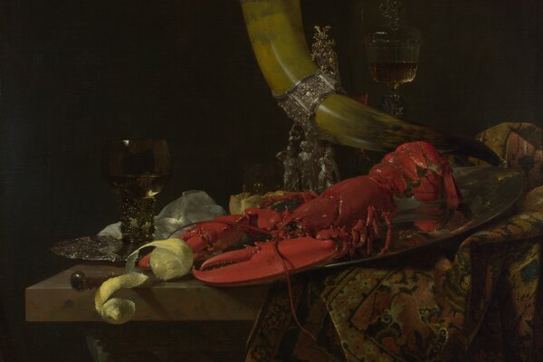 Nature morte avec du vin et du homard bouilli