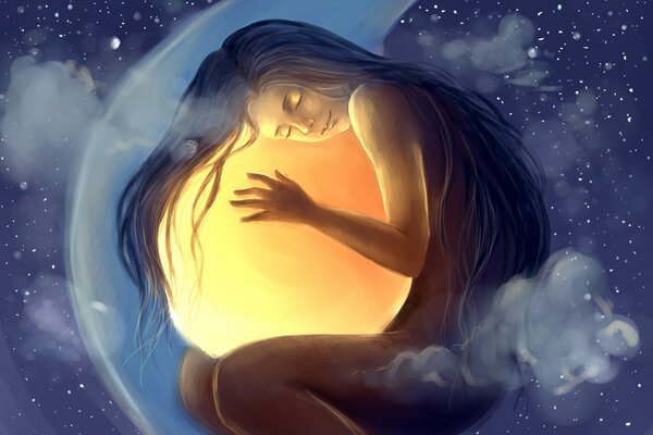 A girl in a dream embraces the moon