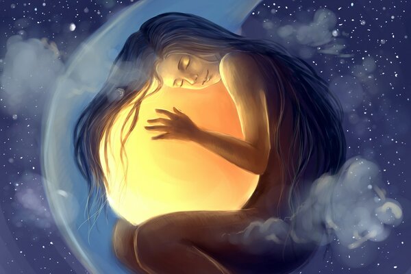 Ragazza in un sogno abbraccia la luna