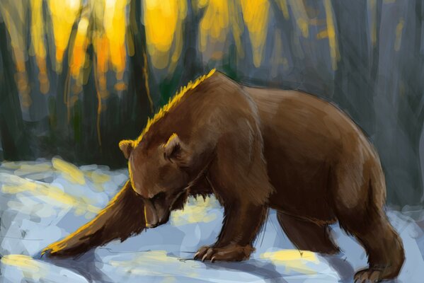 Art brown bear in the sunset sunlight on snow