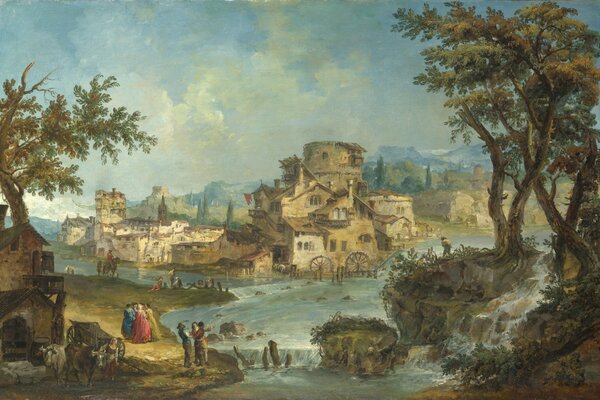 Michele marieschi, les gens et les maisons près de la rivière avec le seuil