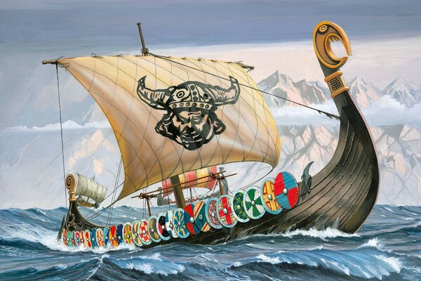 Les Vikings naviguent sur le Drakkar en mer