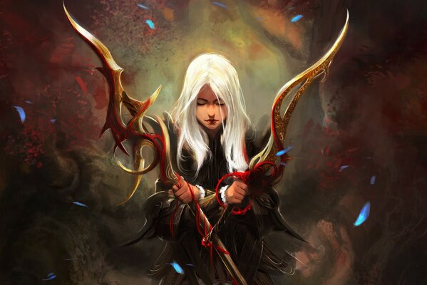 A girl with bloody swords and white hair