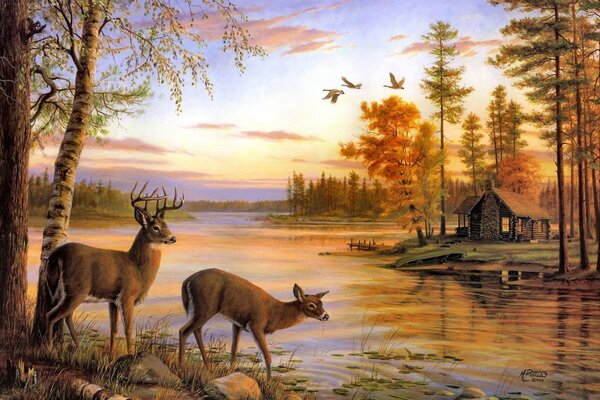 A house on the river bank and deer