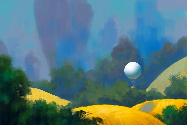 Landscape balloon on the background of hills