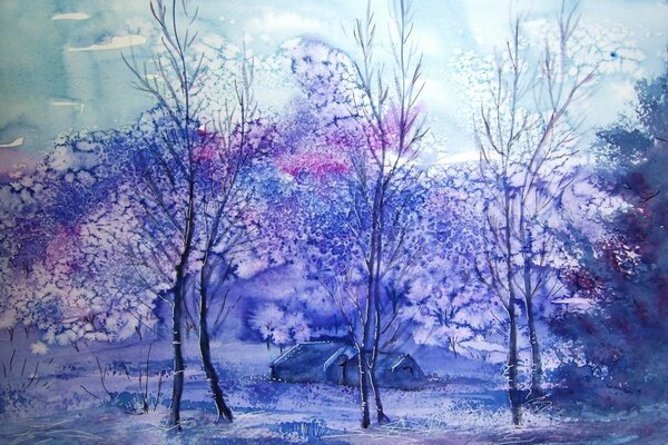 Paysage d aquarelle de village d hiver