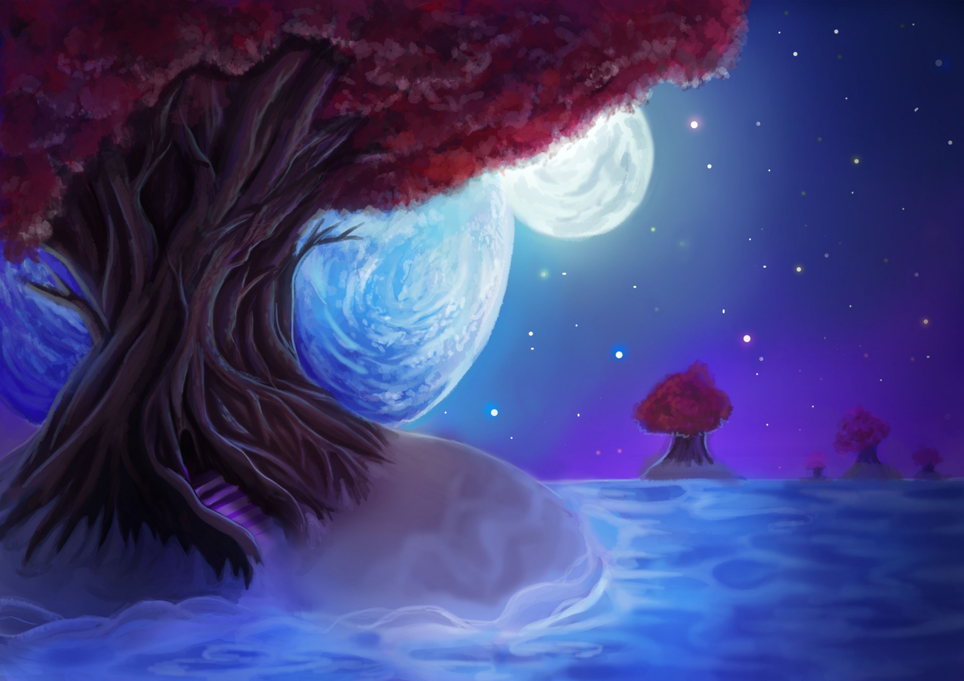 hoja paisaje noche pintura árbol cielo luna planeta