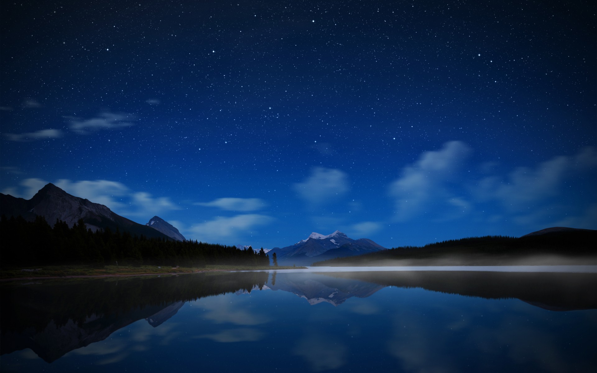 canadá parque jasper lago montañas noche cielo estrellas agua