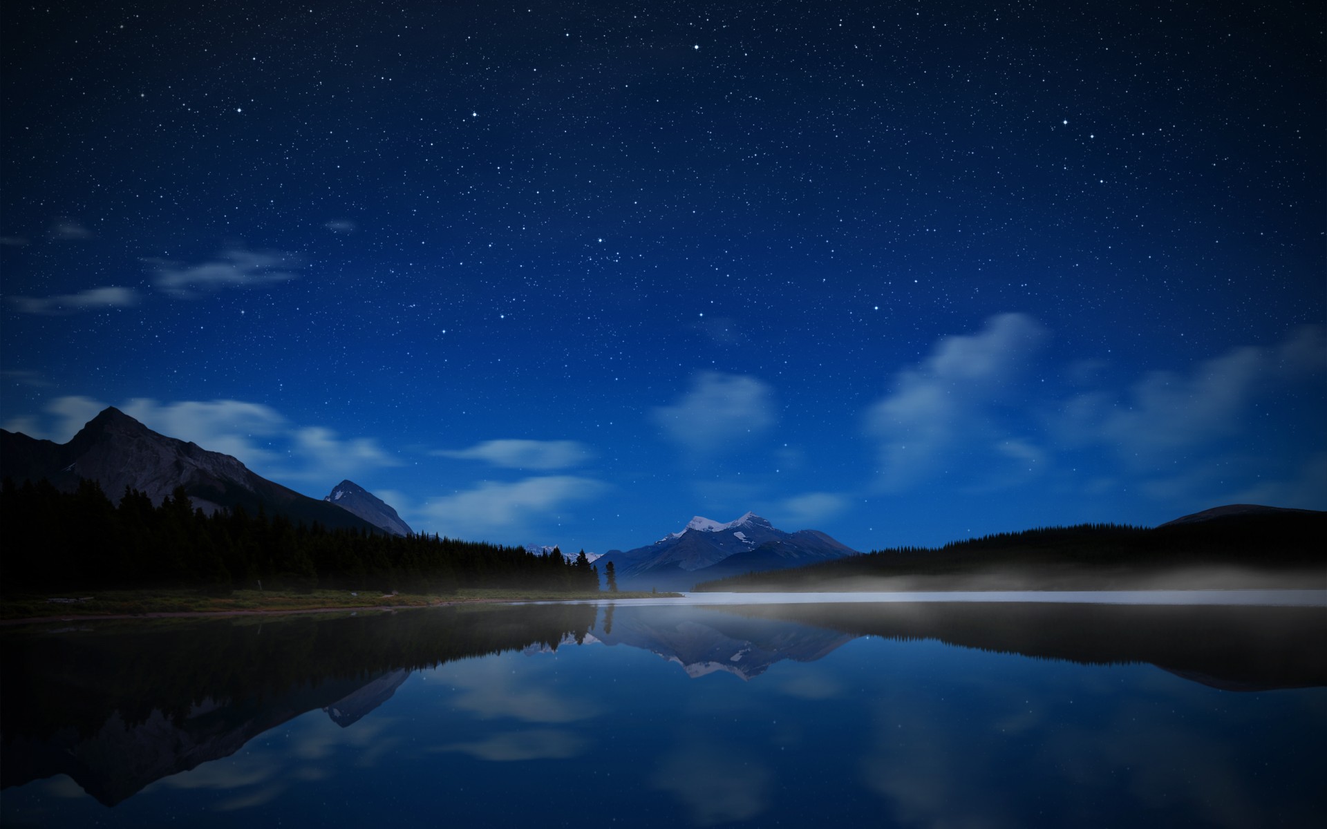 канада парк джаспер озеро горы ночь небо звезды вода