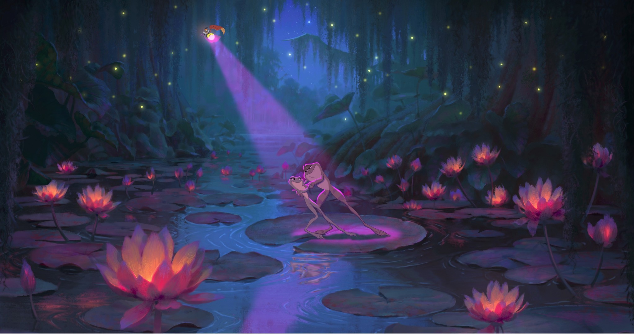 nuit princesse et grenouille dessin animé disney lucioles rayons lotus lumières