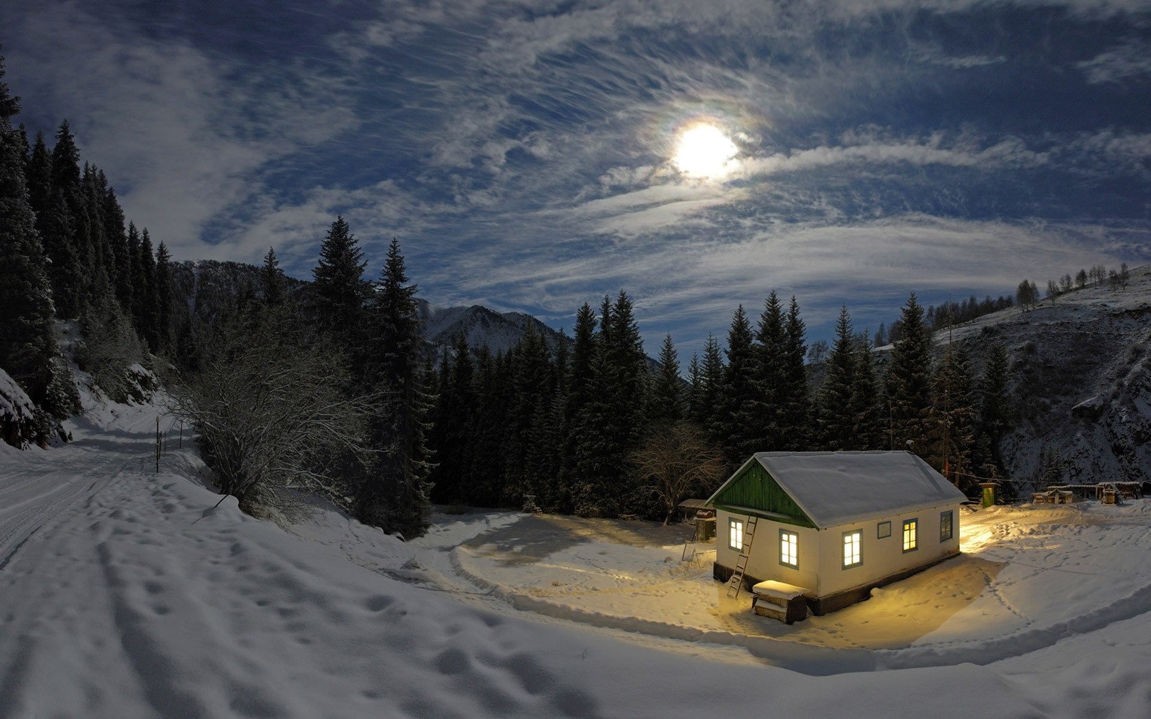 moon winter night house light snow forest