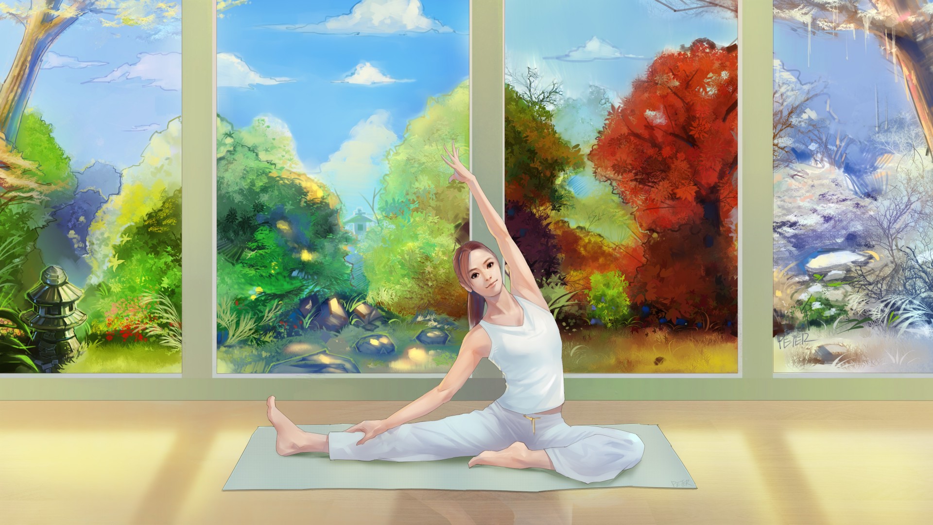 art fille peinture yoga été vue tapis automne saisons hiver printemps