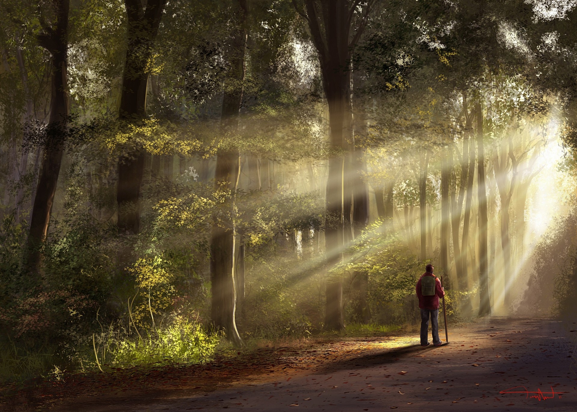 uomo strada foresta arte viaggiatore