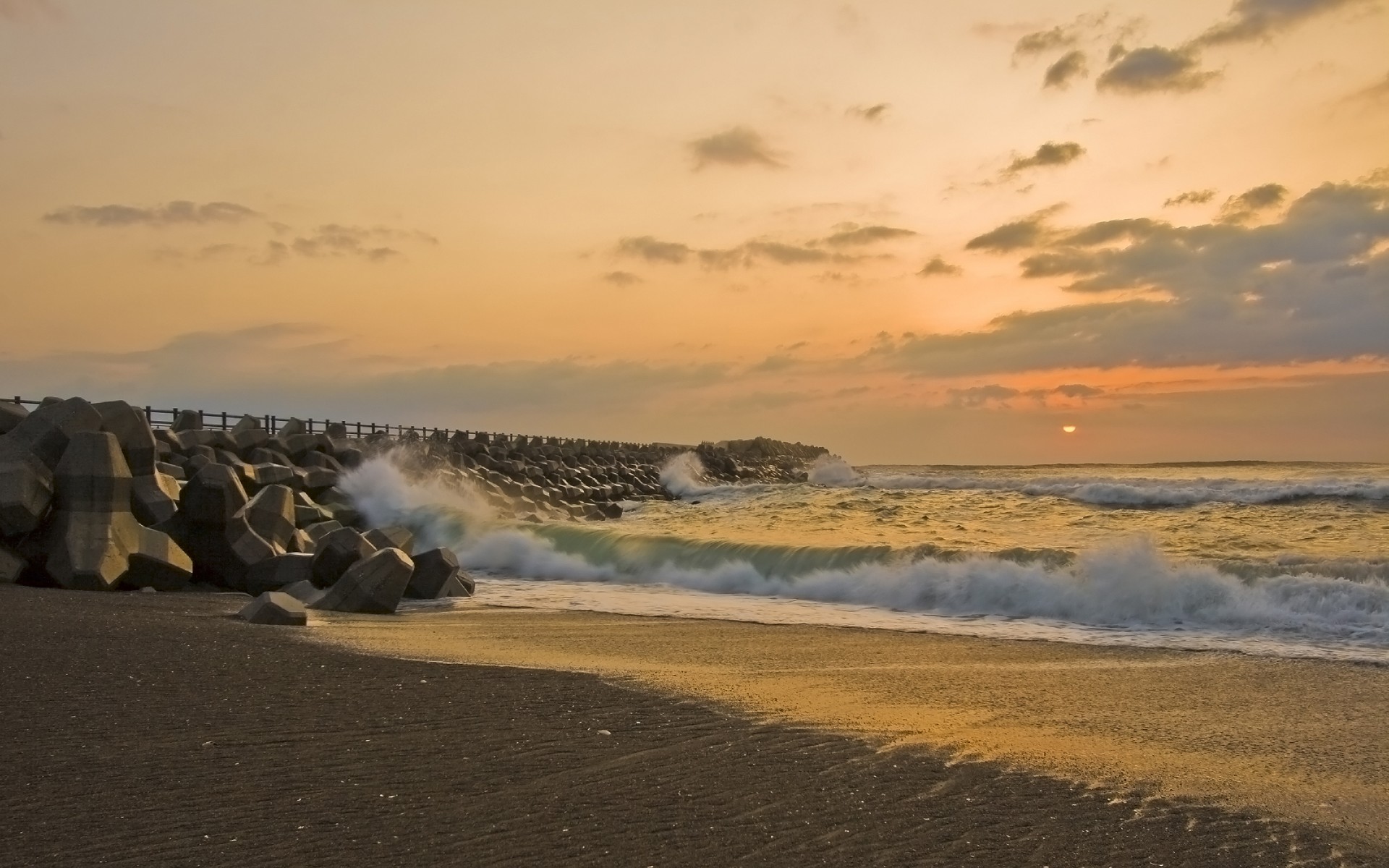 misawa mar sol puesta de sol olas muelle costa arena