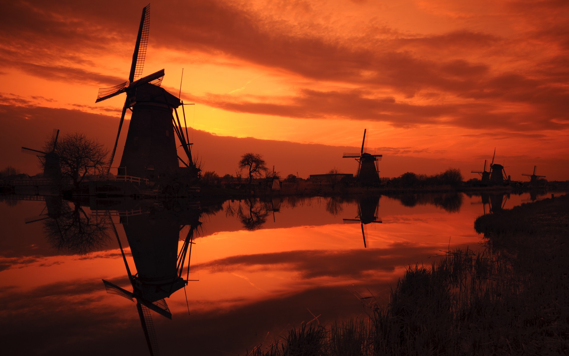 kinderdijk tramonto paesi bassi mulini mulini a vento cielo