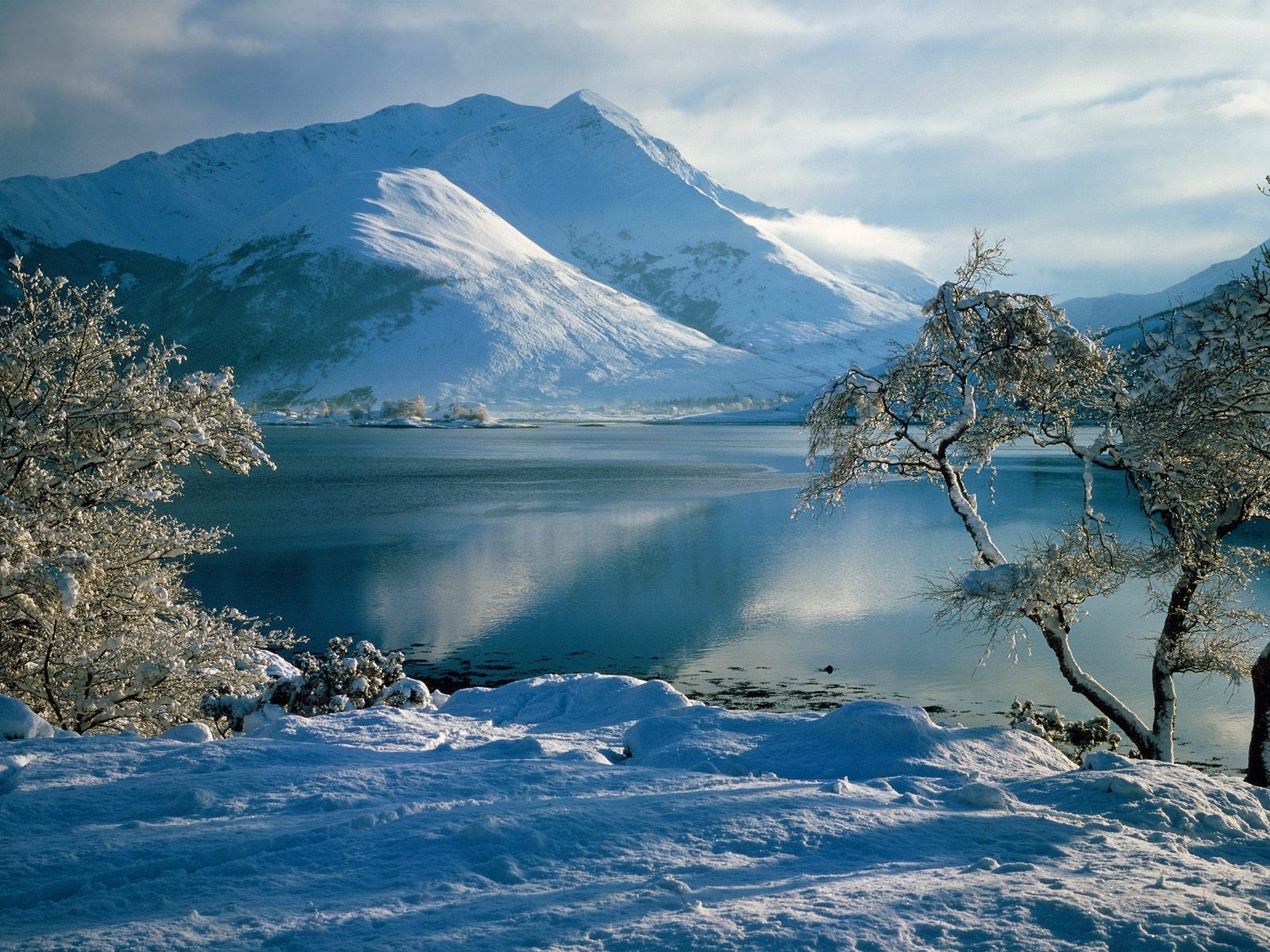 winter snow mountain sky tree river frost