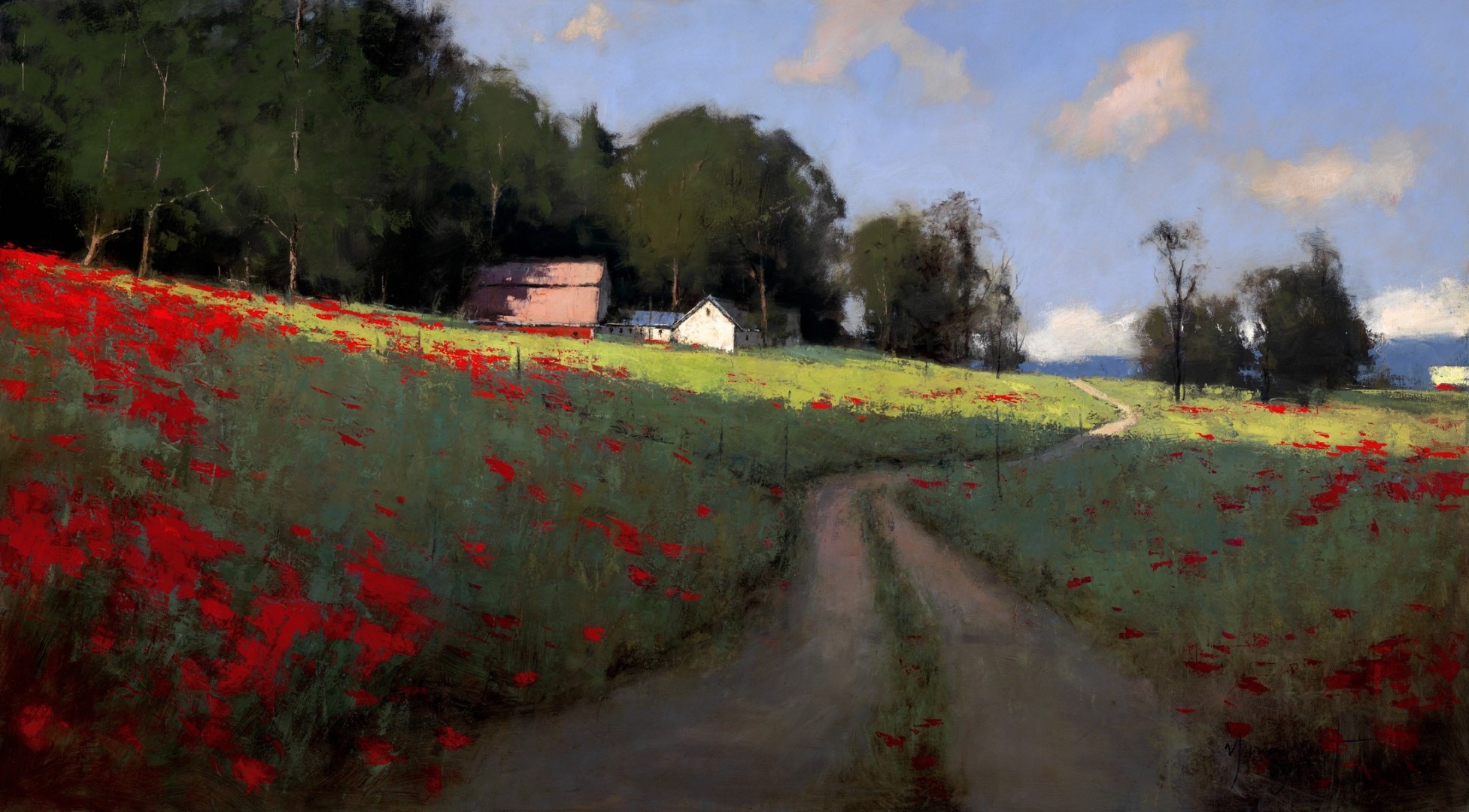 art paysage été route coquelicots peinture champ