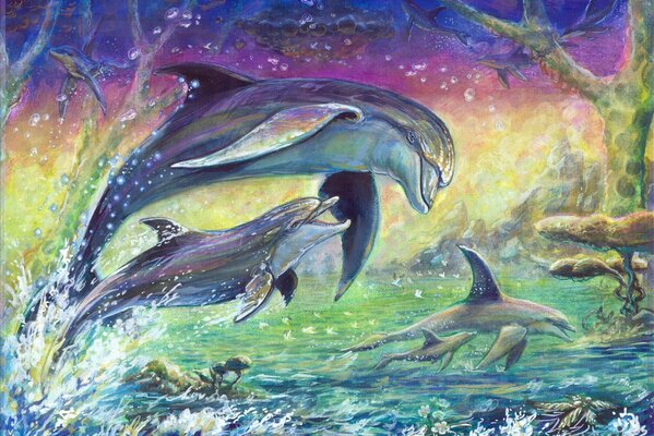 Painting dolphins in the sea jumping on the waves