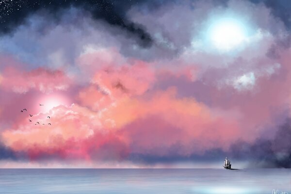 Pintura con el mar y el barco en las nubes