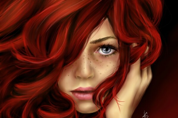 Visage de jeune fille avec des taches de rousseur et les cheveux rouges