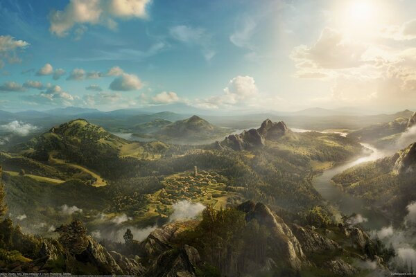 A fantastic valley with mountains and clouds above them