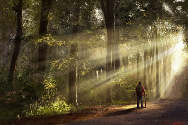 Un hombre solitario en el bosque que despierta