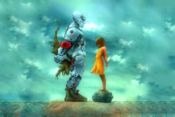 A robot in love gives a flower