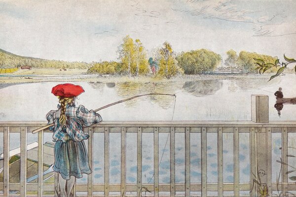 Watercolor illustration with a girl in a red beret who is fishing