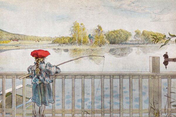 Ilustracja akwarelowa z dziewczyną w czerwonym berecie, która łowi ryby