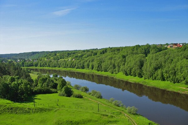 A calm river with green banks