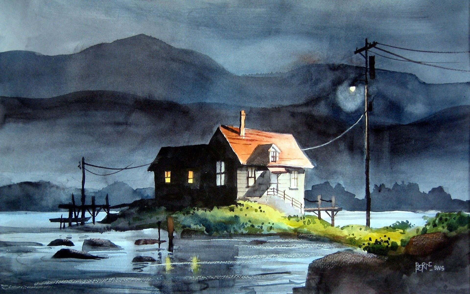 nacht haus aquarell