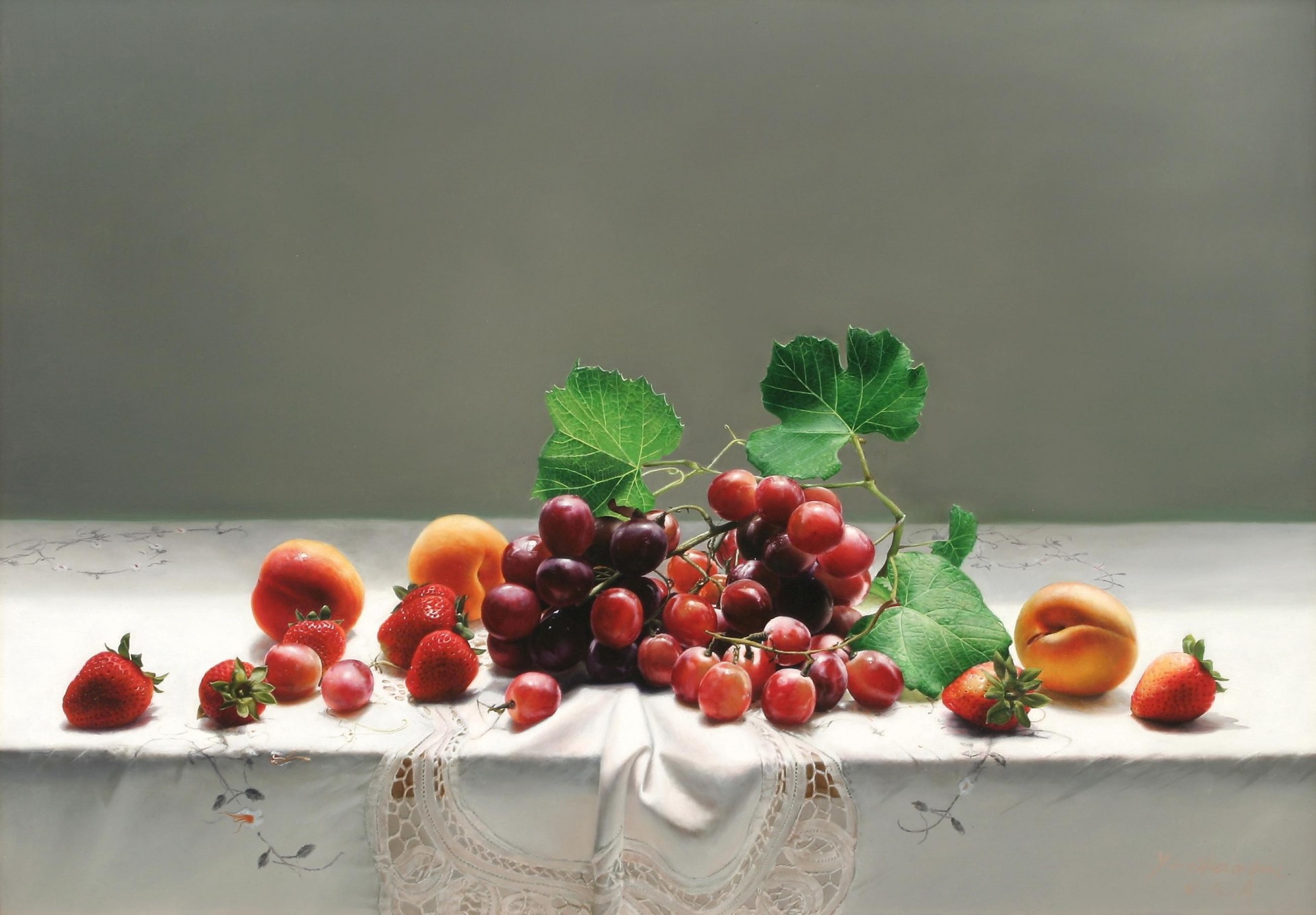 abricots art peinture dentelle fruits lit baies raisin nappe fraise table