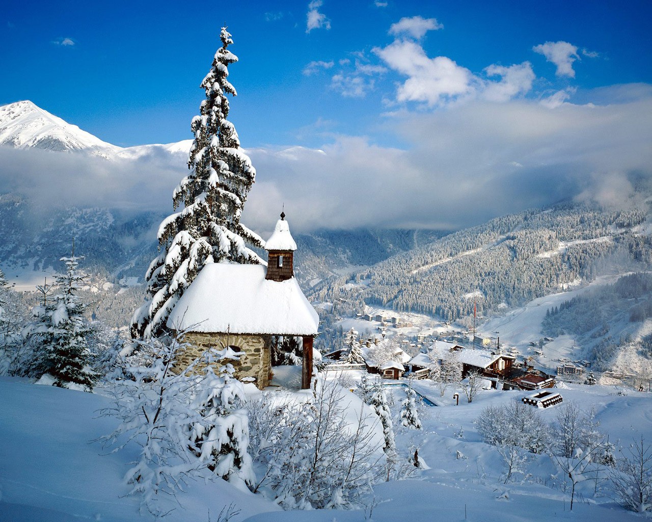 hiver neige montagnes maison arbre de noël