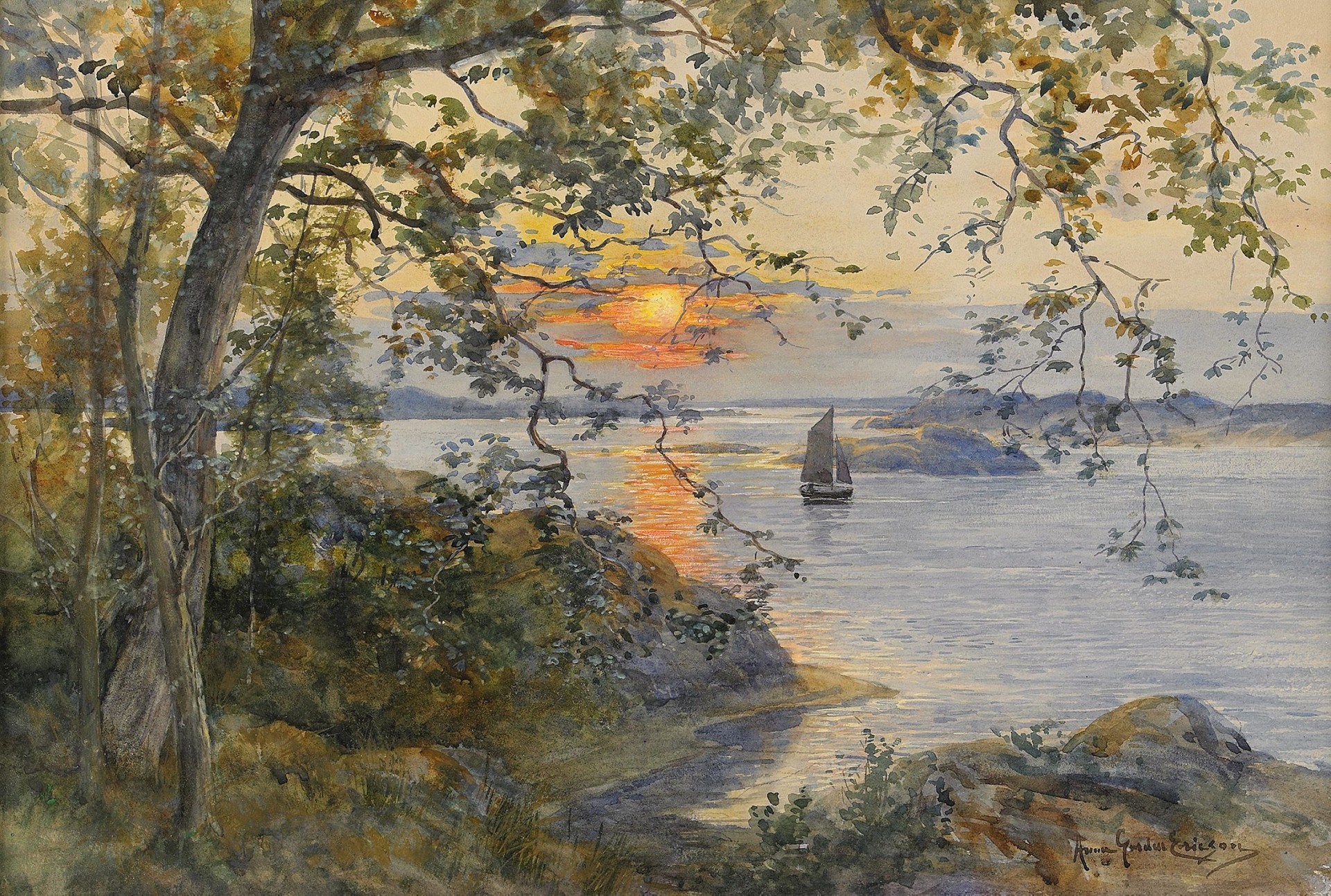 anna gardell-erickson küstenlandschaft mit segelboot bei sonnenuntergang abend