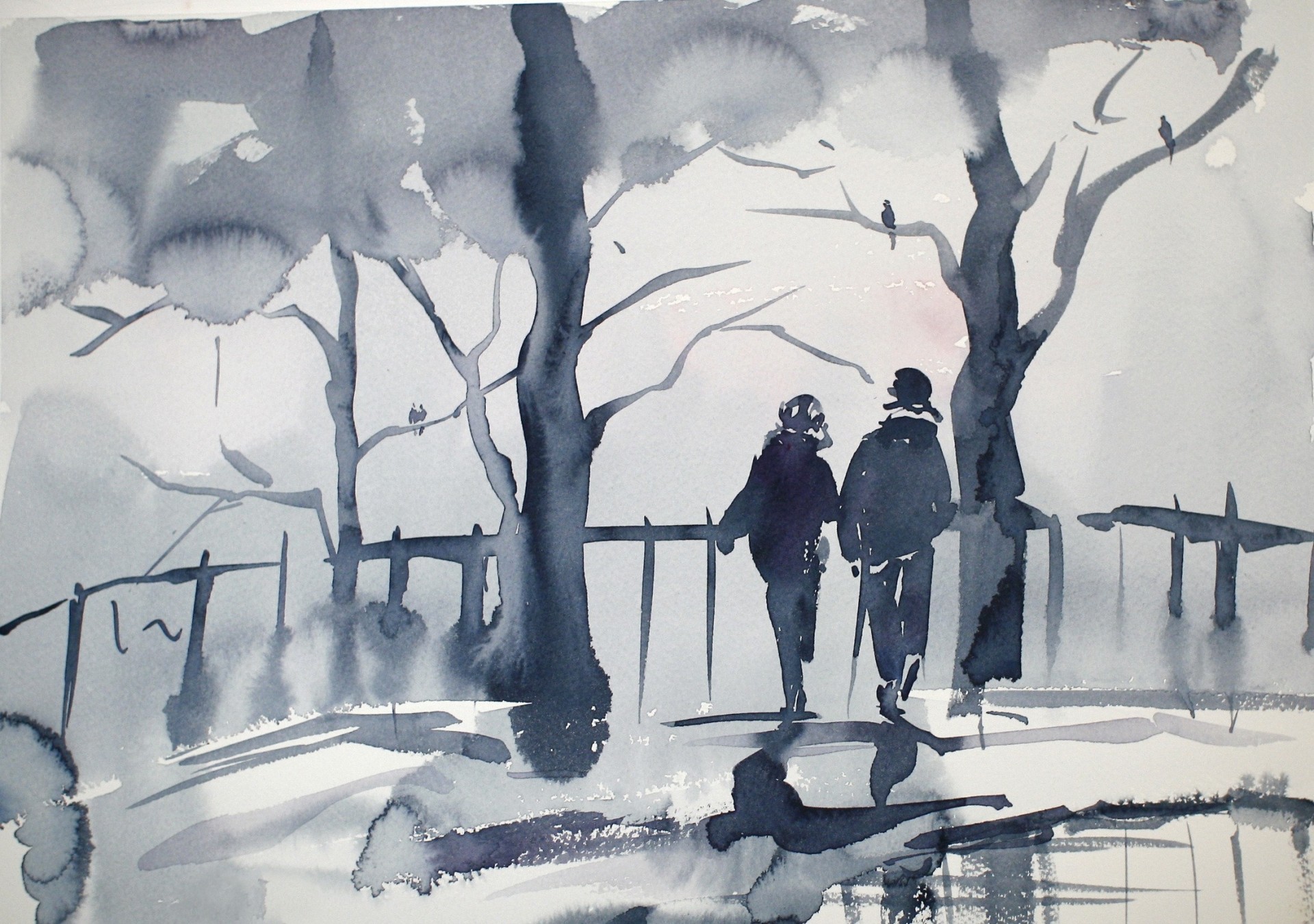 arbres aquarelle couple