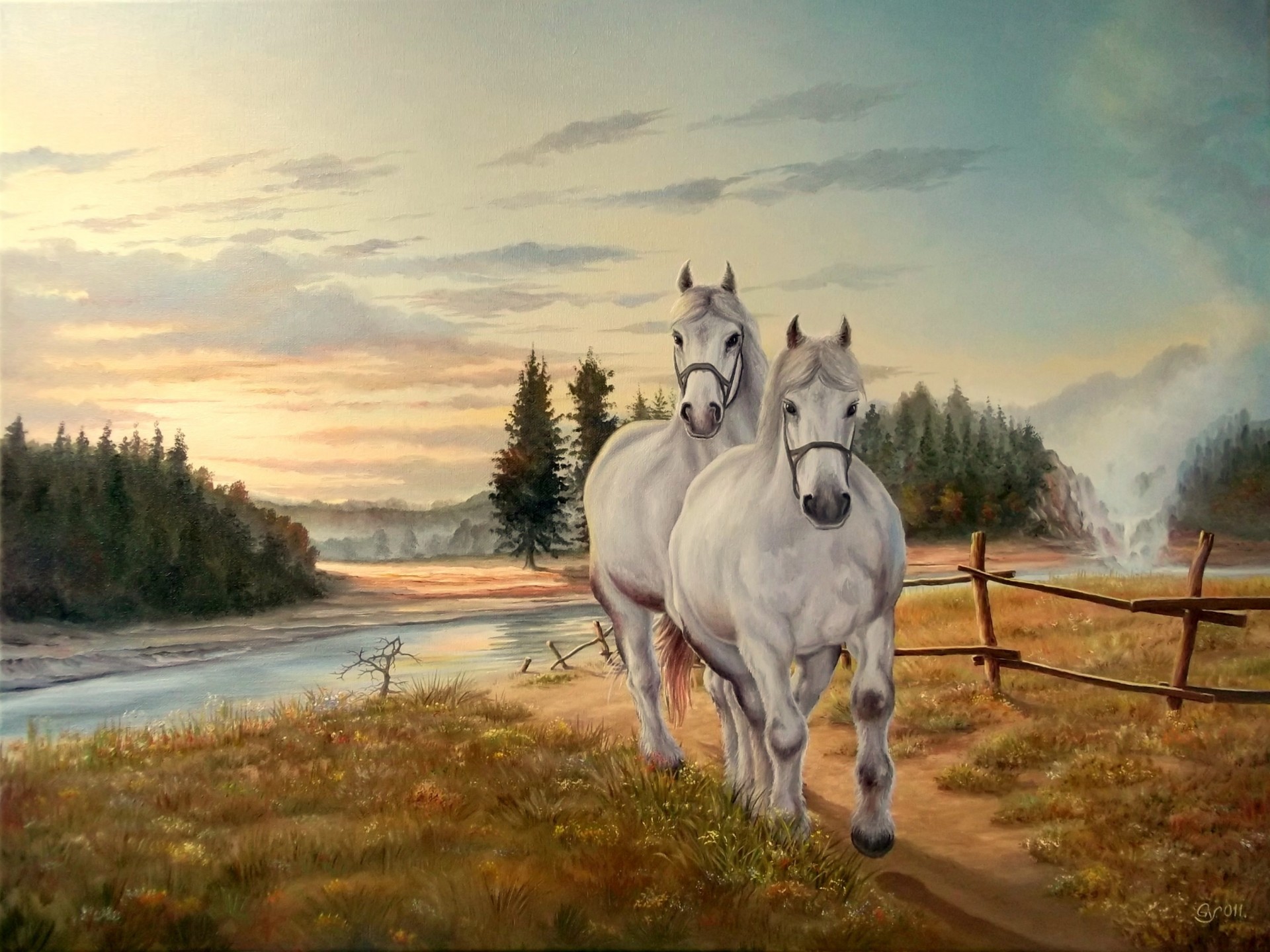 caballos río pintura naturaleza hierba melena cielo nubes blanco