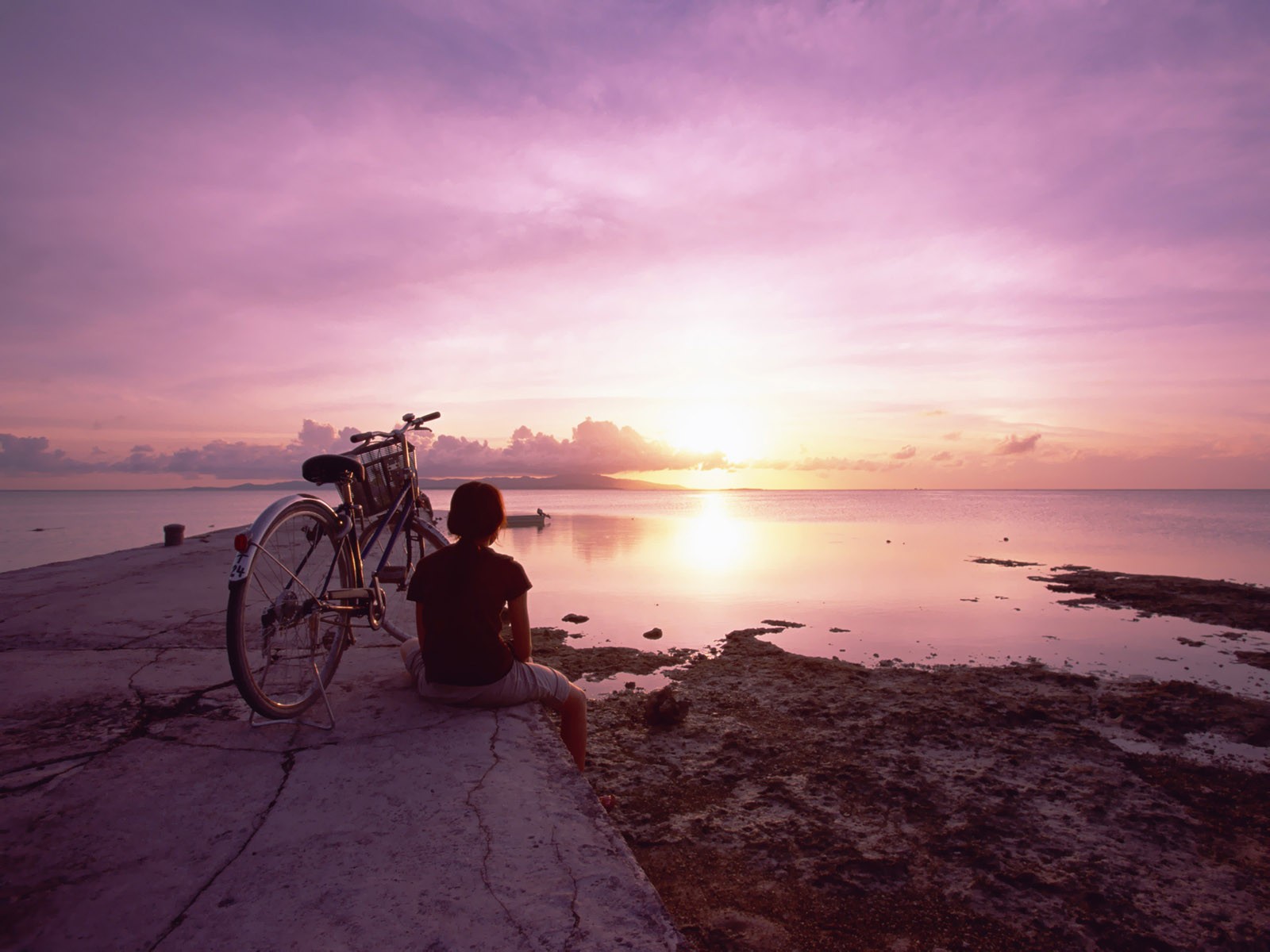 unset sea sky bike girl