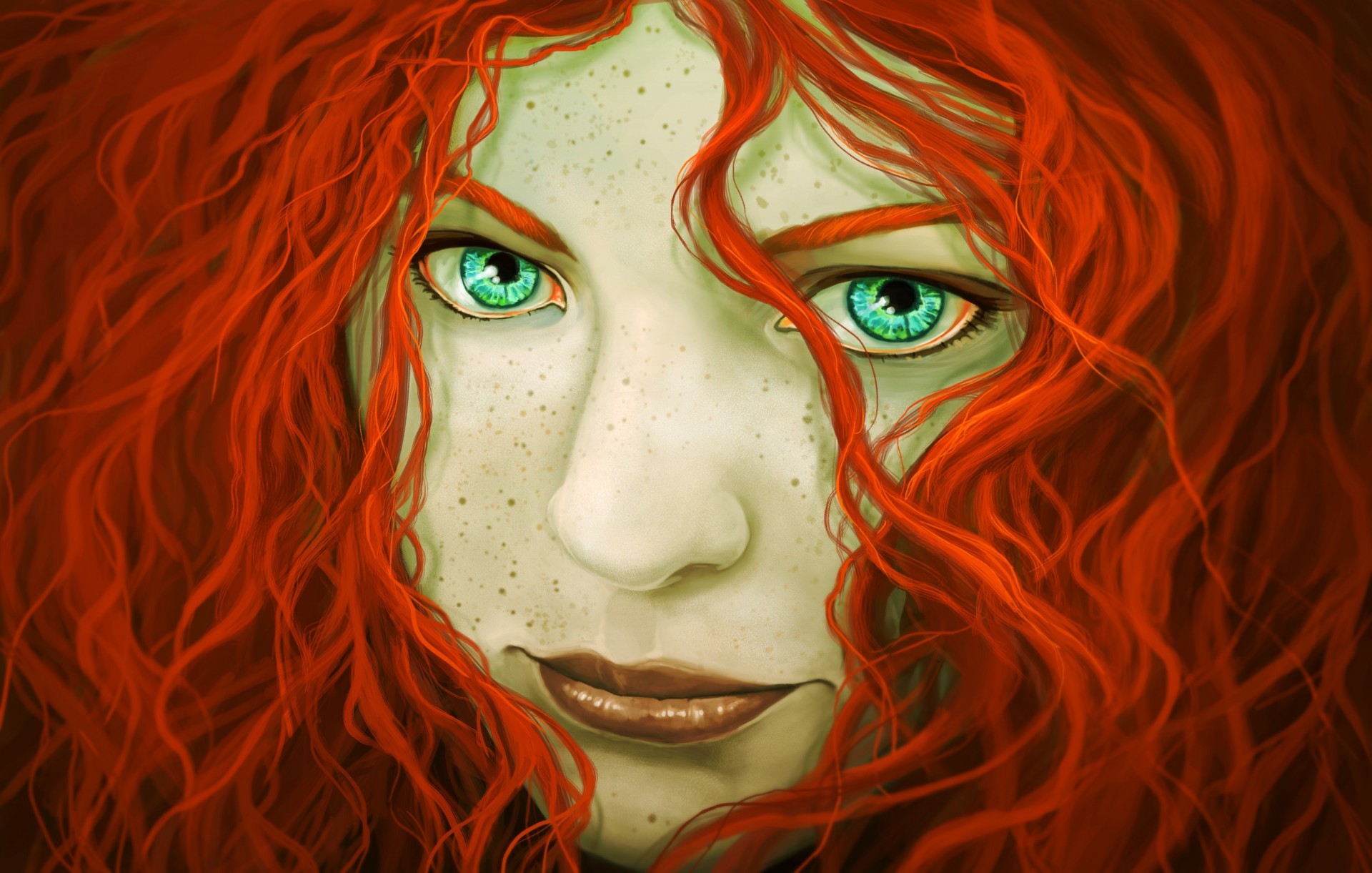 art face girl freckles hair views green eyes curls red