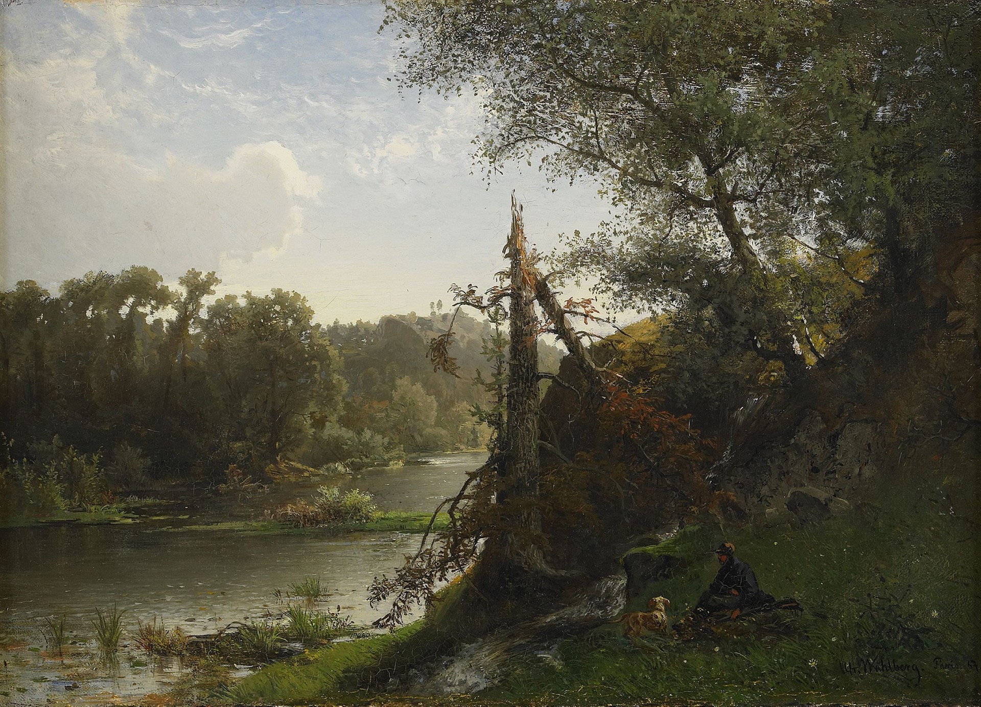 alfred wahlberg paysage fluvial avec chasseur et chien rivière nature