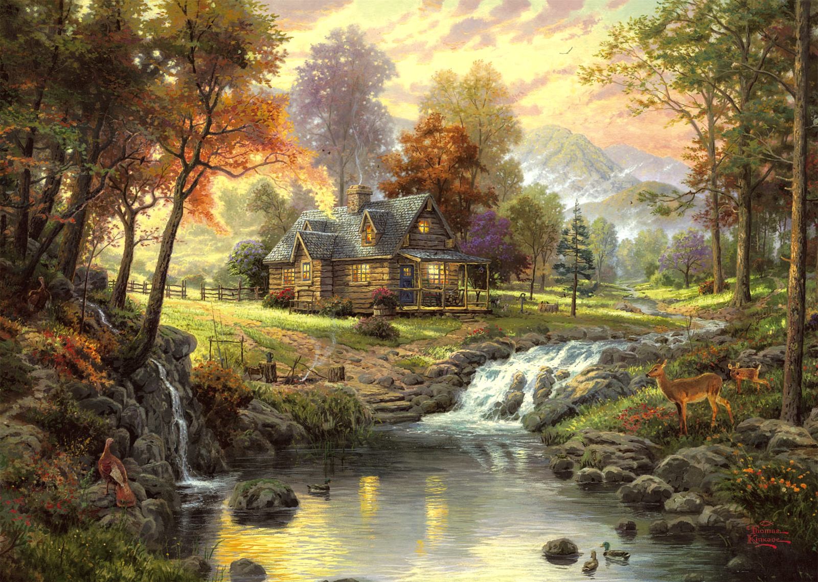 thomas kinkade mountain retreat night river house reindeer forest silence mountain fire picture