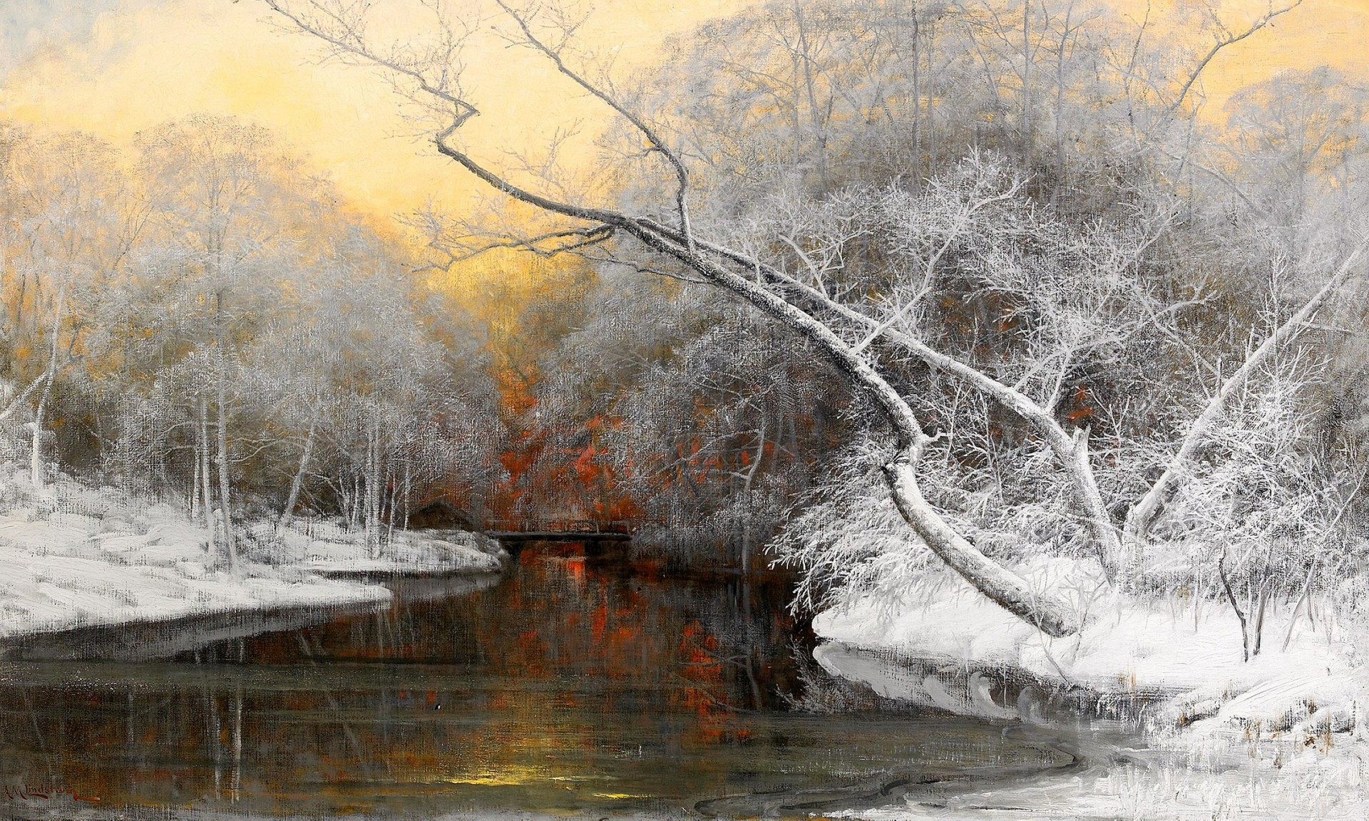 вечер – закат в цветах зимнего пейзажа арвид мауритц линдстрем зима река деревья